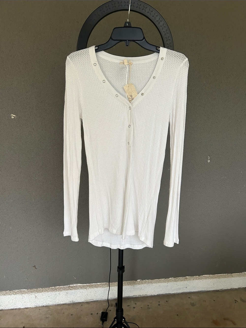 Mystree White Long-Sleeve Waffle Henley Top